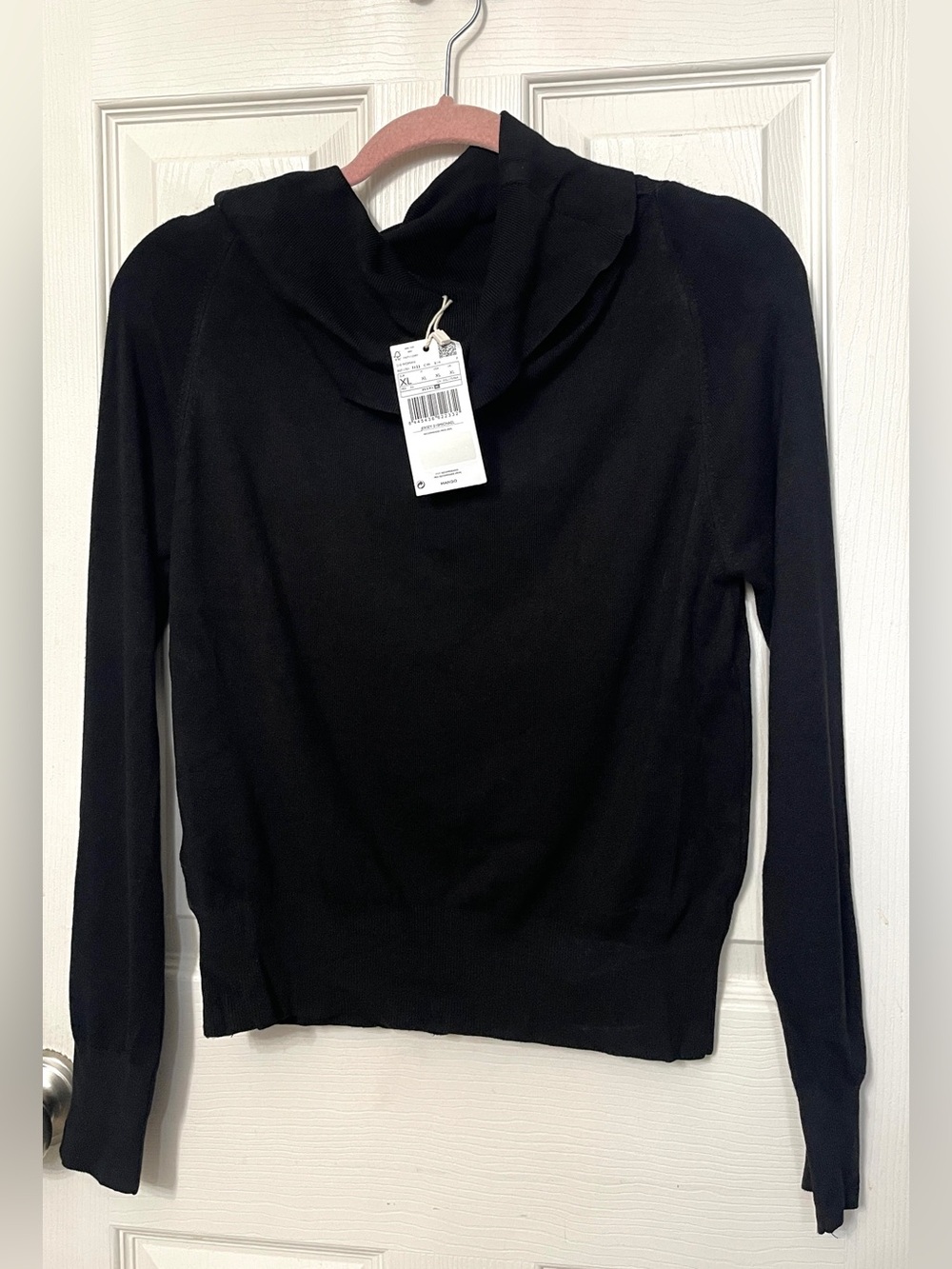 Mango Cowl Neck Black Long Sleeve Cropped Lightweight Sweater Sz XL NWT